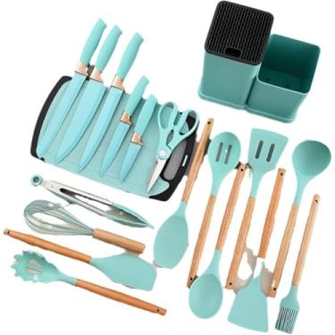 Imagem de Utensilios para Cozinha Silicone Kit com 19 Peças Cabo Madeira Conjunto Completo Espátula Concha Colher Jogo Suporte Faca Antiaderente Tabua Tesoura Faqueiro (VERDE)