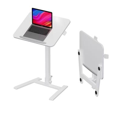 Imagem de Alawooder Mesa móvel dobrável de 63 cm – mesa sem montagem, mesa de laptop com rodinhas ajustáveis em altura, mesa portátil com rodas para escritório em casa, artesanato e estudo, branca