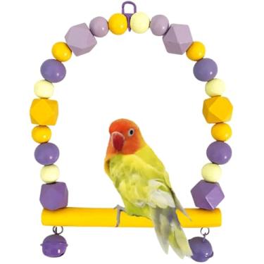 Imagem de Balanço de pássaro de madeira colorido, brinquedo de balanço de periquito com sinos, calopsita, periquito, periquito, suporte de poleiro de conure, acessórios de gaiola de pássaros para equilibrar,