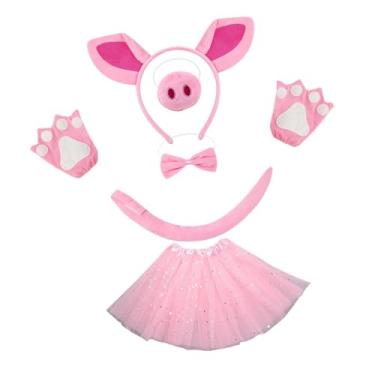 Imagem de Dynwave Luvas de roupa de argola de cabelo de fantasia de porco animal para desempenho de festas temáticas de animais, Saia Estrela Rosa