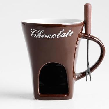 Imagem de ABPWO Caneca de fondue de chocolate, canecas de cerâmica para chocolate ou queijo, conjunto de copos de fondue de chocolate com garfos, ótimo para encontros noturnos, aniversários e presentes de
