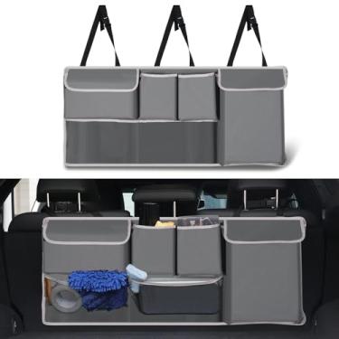 Imagem de UYYE Organizador para pendurar porta-malas, bolsa de armazenamento no banco traseiro, acessórios de interior de carro dobráveis com 4 bolsos e 2 bolsas de malha para ferramentas, fornecem mais espaço