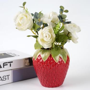 Imagem de Sixbaola Vasos de cerâmica de morango, vasos de flores frescas, pequenos vasos de frutas para festa de morango, decoração de cozinha (vermelho)
