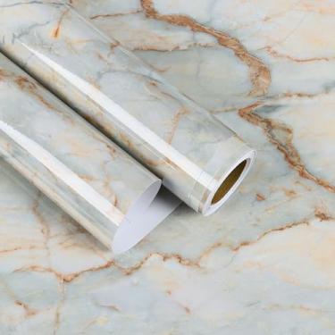 Imagem de EaseStick Papel de contato de mármore dourado ciano, descasque e cole bancadas para cozinha, papel de parede de mármore azul brilhante à prova d'água 39,9 cm x 406,4 cm papel de contato de granito
