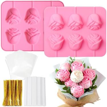 Imagem de Mity rain Molde Pop 3D Rose Cake – Pacote com 2 moldes de silicone para pirulito de chocolate e chocolate com 300 peças de sacos e palitos - Molde antiaderente para presente DIY, dia das mães,