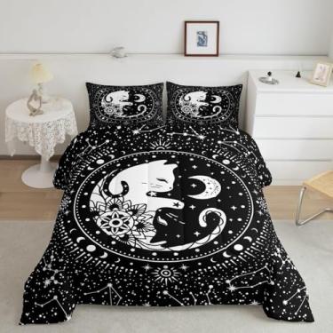 Imagem de Conjunto de edredom Queen de gato preto e branco, constelação gótica, céu e lua, 3 peças, para decoração de quarto de crianças, adolescentes, meninos, meninas, animais, flores, plantas, exótico,