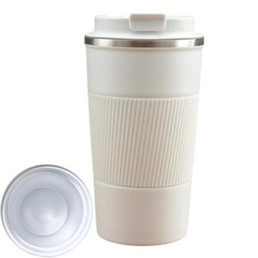 Imagem de Xícara de café unissex de aço inoxidável de parede dupla de 510 ml com revestimento cerâmico – Caneca de bebida durável isolada para trabalho, casa e uso externo (branca)