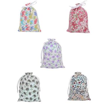 Imagem de Touchstone Bloco de mão indiano feito à mão Jaipur Calico Floral Elefante Impresso Algodão Puro Vintage Colorido Festa Chuveiro Natal Casamento Cordão Bolsas Potli. Conjunto de 5. Para mulheres.