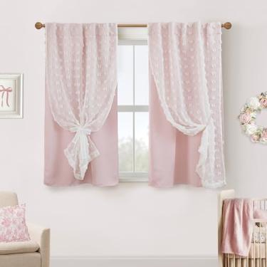 Imagem de Cortinas blackout curtas para janelas de quarto, cortinas pretas transparentes 137 cm de comprimento, rosa e branca