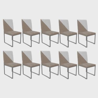 Imagem de Kit 10 Cadeira Office Stan Duo Sala de Jantar Industrial Ferro Prata Corino Bege e Branco - Ahz Móveis