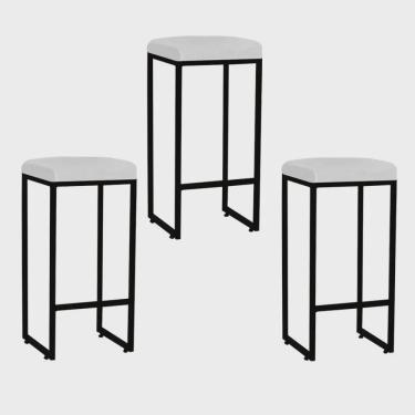 Imagem de Kit 03 Banqueta Alta Lara Para Cozinha Bar Balcão Bistrô Churrasqueira Ferro Preto Tecido Sintético Branco - Ahz Móveis