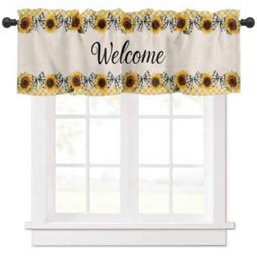 Imagem de Cortinas de janela sanefas, girassol verão flor vintage haste bolso cortina curta para cozinha, quarto, sala de estar, café, 1 painel, laço texto de boas-vindas 137 x 45 cm