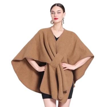 Imagem de Huralona Cardigã feminino aberto/cruzado frontal envoltório cor sólida poncho ruana capa plus size para outono inverno, Camelo, One Size