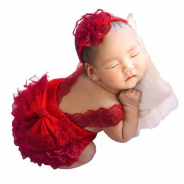 Imagem de Roupas de fotografia para recém-nascidos para meninas recém-nascidas adereços de renda para sessão de fotos para bebês recém-nascidos, Vermelho, 0-2 months