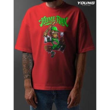 Imagem de Camiseta Oversized Monkey Baseball Streetwear Algodao Unissex Vermelho-Masculino