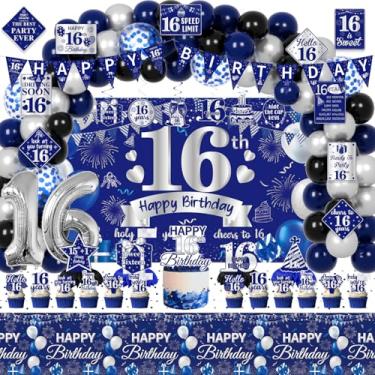Imagem de FrozzlyFun Decorações De Aniversário 16 Anos Para Meninos, 113 Peças, Azul E Prata, Suprimentos Decoração Festa Adolescentes - Cenário, Faixa, Toalha Mesa, Centro Redemoinhos Pendurados, Placas Pare