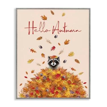 Imagem de Stupell Industries Hello Autumn Guaxinim cinza emoldurado, arte giclée, design por Elizabeth Tyndall, 28 x 35 cm