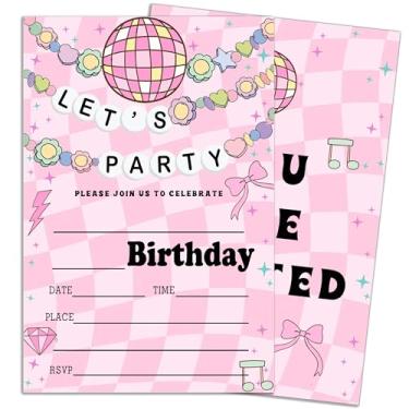 Imagem de ukebobo Cartões de convite Let's Party, convites de aniversário rosa, pulseira de flores fofas, 20 peças de cartões de convite de preenchimento dupla face com envelopes, lembrancinhas de aniversário e