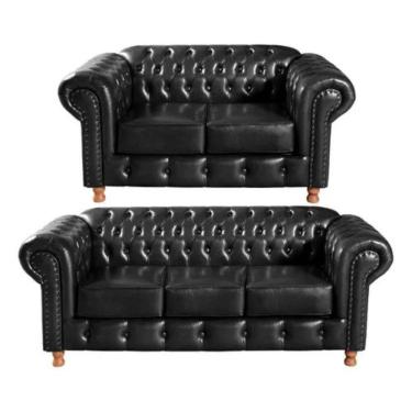 Imagem de Conjunto Sofás 2 E 3 Lugares Chesterfield Luís Xv Vintage Retrô Capitonê Couro Preto