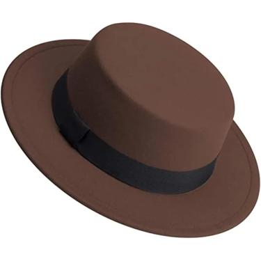 Imagem de Homens Mulheres Branco Fedora Chapéu Flat Top Chapéu Feltro Chapéu Aba Larga Boné Chapéu De Inverno Para Vestido Extravagante, Brown, 6 7/8-7 1/8