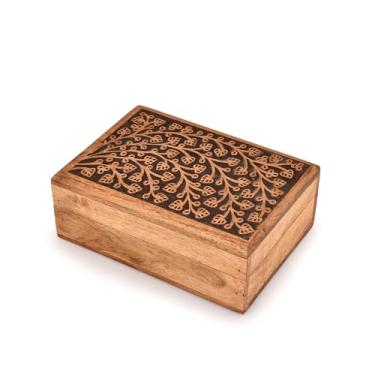 Imagem de KAIZEN Caixas de joias de madeira de acácia floral decorativa baú do tesouro ótimo presente para seus entes queridos (17,8 cm x 12,7 cm x 6,3 cm)