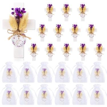 Imagem de 12 conjuntos de lembrancinhas de festa de batismo para convidados de primeira comunhão, ímã de batismo de cruz de madeira com flores para festa de chá de bebê Bless, presente de batismo, revelação de