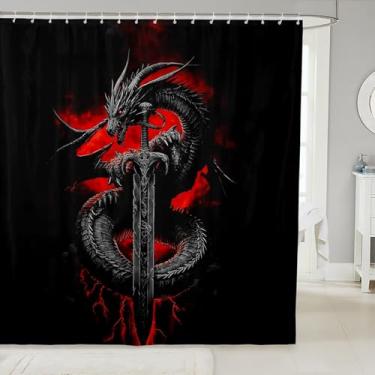 Imagem de Cortina de chuveiro Dragon Fabric Kids Gothic Dragon Conjunto de cortina de chuveiro para banheiro, vermelho e preto, vida selvagem 183 cm L x 213 cm C, animais mágicos acessórios de banheiro extóicos