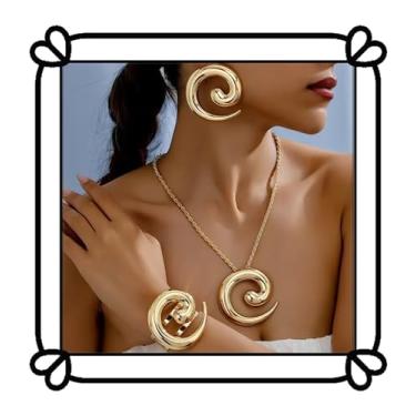 Imagem de DIONFEI Conjunto de joias retrô com declaração espiral - Vem com colar, brincos e pulseira de ouro - Conjunto de joias femininas de 3 peças, Tear Drop Set, Metal, Sem Pedra Preciosa