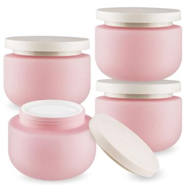 Imagem de 4 frascos de creme de plástico de 250 g, recipientes de amostra, frascos de cosméticos à prova de vazamento de boca larga com tampas para loção maquiagem faça você mesmo produtos de beleza - rosa