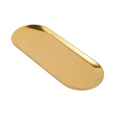 Imagem de ＫＬＫＣＭＳ Bandeja decorativa de aço inoxidável oval para toalhas e guardanapos, prato de banheiro para chá, itens pequenos de cosméticos, Ouro