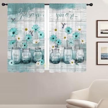 Imagem de Coxila Cortinas de janela de flores florais azul-petróleo para quarto 132 x 163 cm bolso de haste largo turquesa pássaro azul-piscina margarida rústica padrão casa de fazenda conjunto de tratamento de