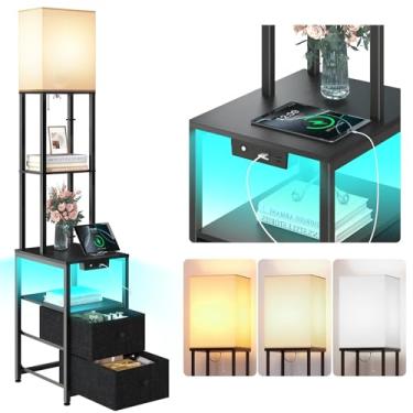 Imagem de addlon Luminária de chão com 2 USB, 1 tomada e 2 gavetas, lâmpada LED de 3 temperaturas de cor (9W), lâmpada de sofá com abajur branco, luminária de chão com prateleiras para sala de estar, quarto e