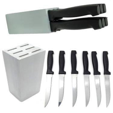 Imagem de Jogo de 6 Facas 22,5cm Faca Serrinha Com Suporte De Madeira Cepo Porta Faca