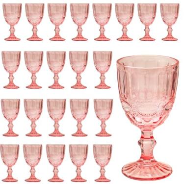 Imagem de 24 peças de taças de vinho vintage, taças de água de vidro colorido de 293 ml, padrão exclusivo em relevo com haste alta transparente, copos de vidro para bar de festa de casamento, copos rosa florais