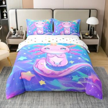 Imagem de Kawaii Axolotl Capa de edredom Queen 100% algodão, estrelas coloridas, arco-íris, 3 peças, decoração de quarto de crianças, meninos, meninas, adolescentes, animais do oceano, capa de edredom, galáxia