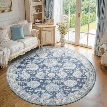 Imagem de jinchan Tapete redondo de 2,4 m – Tapete de chão vintage azul escuro para cozinha, estampa floral ultramacia ultrafina – Círculo lavável 2,5 m com detalhe retrô para fazenda, sala de jantar, sala de