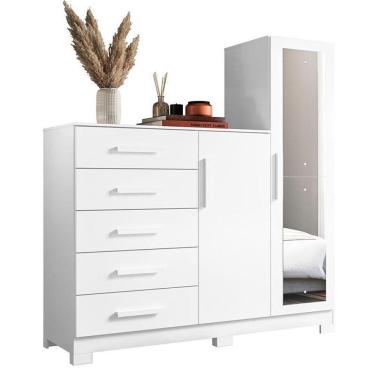 Imagem de Cômoda New Master Com Espelho, 2 Portas E 5 Gavetas Branco - Móveis Albatroz Branco
