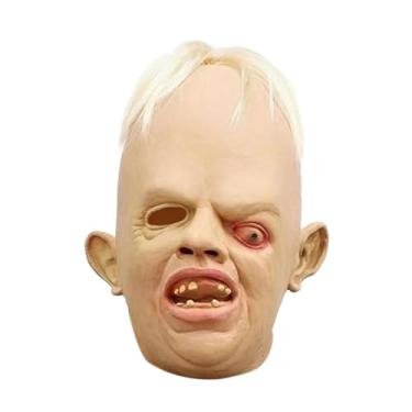 Imagem de Fiocias Máscara de cabeça de terror com olhos inclinados, máscara de látex, assustadora de Halloween, realista, cobertura completa para performance em palco,