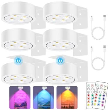 Imagem de SIXDEFLY Luz de exibição de arte LED com mudança de cor 13 RGB para moldura, luz de pintura LED recarregável operada por bateria com controle remoto regulável e temporizador, pacote com 6, branco
