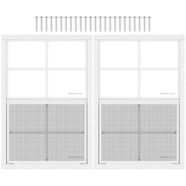 Imagem de Pacote com 2 janelas de galpão 45,7 cm L x 78 cm A, janela de montagem embutida branca com vidro temperado e tela removível para casas de brinquedo, galpões, garagens e galinheiros