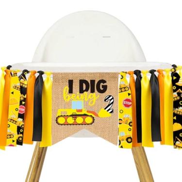 Imagem de Construction 2nd Birthday High Chair Banner Dump Truck/Excavator/Crane/Digger Theme Two Photo Prop Cake Smash for Boys Construction Two Years Old Birthday Baby Shower Party Decorations