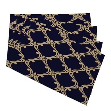 Imagem de Y YIHANGBEST Jogo americano barroco damasco moderno mesa de jantar dourado azul-preto ornamento pano linho limpável almofadas de mesa protetores de mesa internos antiderrapantes, conjunto de 4 30 x 45