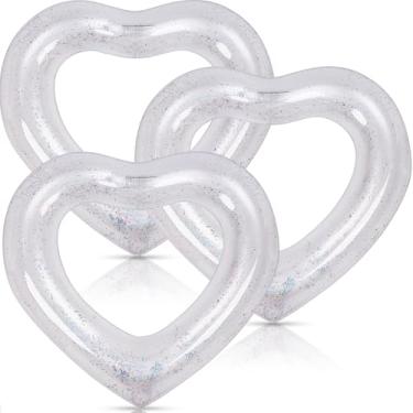 Imagem de 3 peças de boia inflável de coração para piscina, anéis de natação infláveis com glitter, tubo flutuante de festa de despedida de solteira, anel de natação de verão em forma de coração, festa na praia