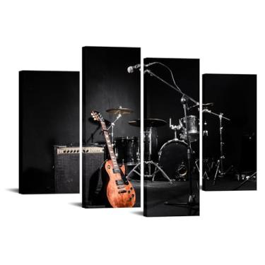 Imagem de Canvbay 4 peças musicais arte parede banda rock prateleira guitarra bateria conjunto impressões em tela instrumento musical em fundo preto arte moderna decoração para sala de estar quarto homem