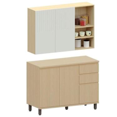 Imagem de Kit Armário Aéreo Com Nicho E Balcão De Cozinha 120 Cm Aurora Cinza Cr