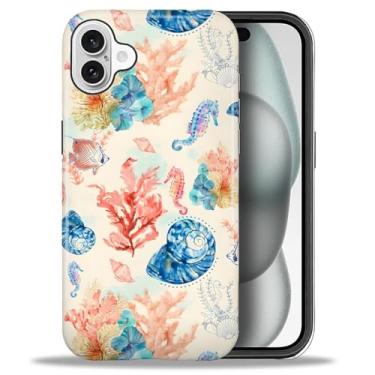 Imagem de Goodsprout Capa para iPhone 16, capa rígida híbrida de 2 camadas + capa protetora de silicone - resistente a choque - Colagem de concha de cavalo marinho de verão oceano coral peixe