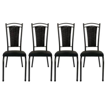 Imagem de Kit 4 Cadeira Paris De Cozinha Tubular Preto Aço Estofada Encosto Junco Preto