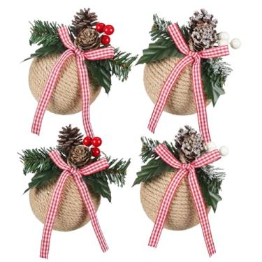 Imagem de Civaner 4 peças de enfeites de bola de pinhas de Natal de 8 cm para casa de fazenda, boho, corda de juta, bolas de linho penduradas com frutas vermelhas e pinhas, ornamentos rústicos neutros para