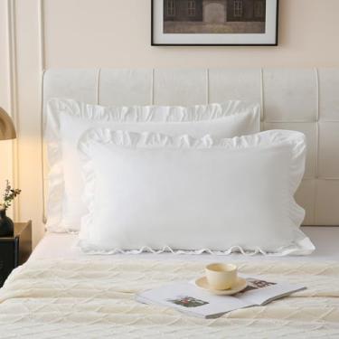 Imagem de Move Over Fronhas de veludo com babados e fronhas brancas, Queen de veludo branco sólido, design de franja, design de franja, fronhas luxuosas com fecho de bolso, conjunto de 2