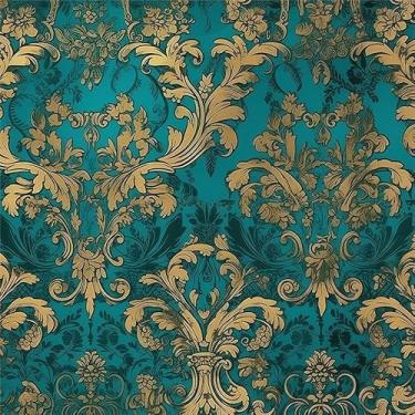 Imagem de Papel de parede vintage verde-azulado ouro damasco flor vintage papel de contato vinil adesivo de parede para quarto, banheiro, armário de cozinha adequado para locatários